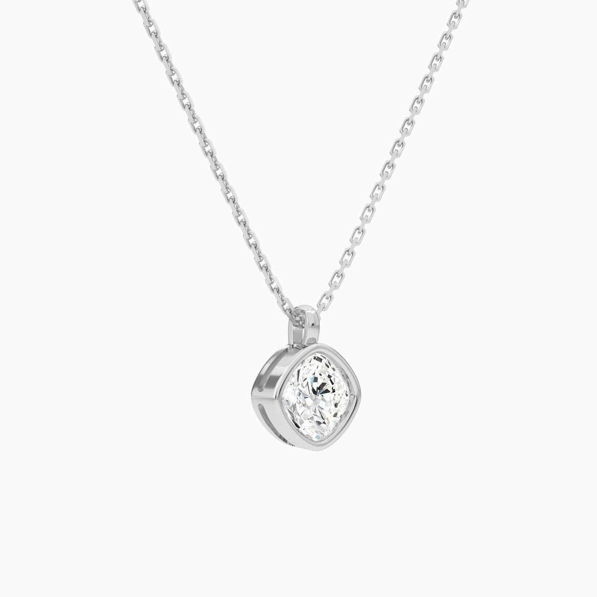 Bezel Solitaire Cushion Lab Grown Diamond Pendant Necklace In 18K White Gold - Front Angle View