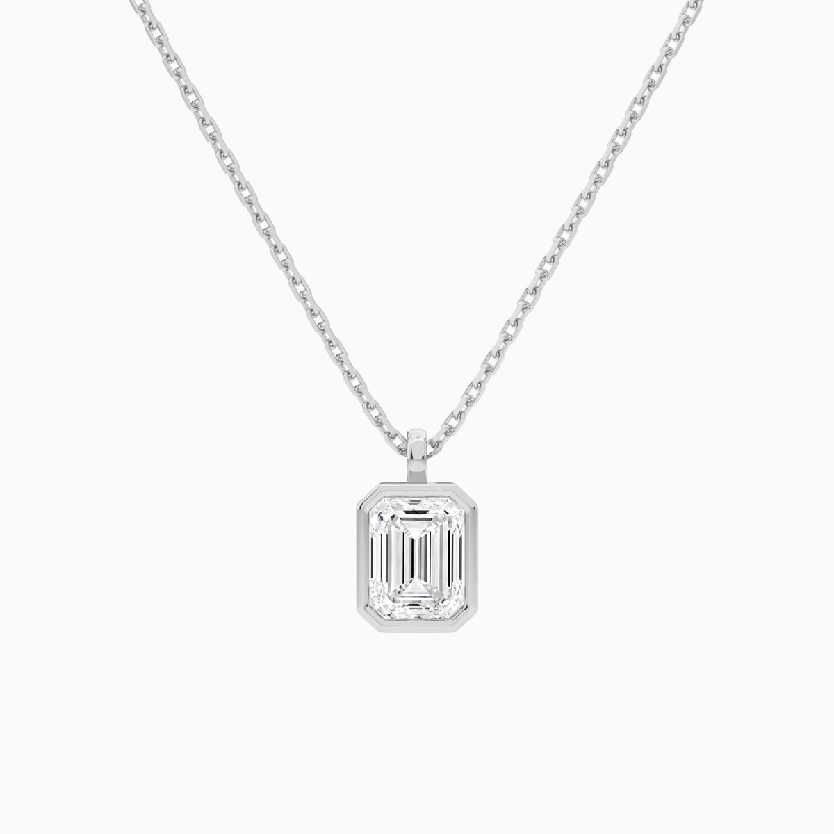 Bezel Solitaire Emerald Lab Grown Diamond Pendant Necklace In 14K White Gold - Lucenjuri