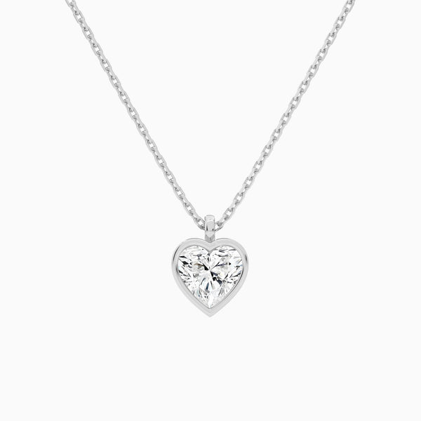 Bezel Solitaire Heart Lab Grown Diamond Pendant Necklace In 14K White Gold - Lucenjuri