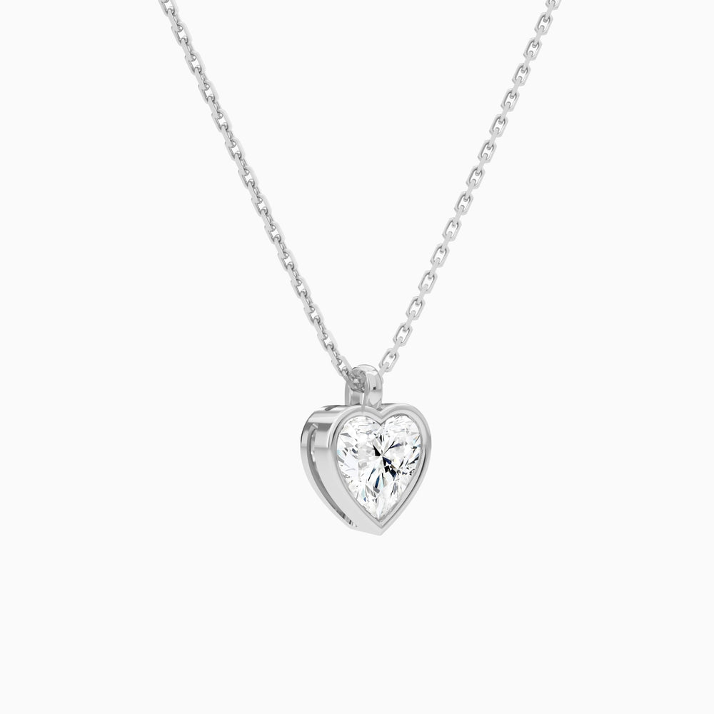 Bezel Solitaire Heart Lab Grown Diamond Pendant Necklace In 14K White Gold - Front Angle View