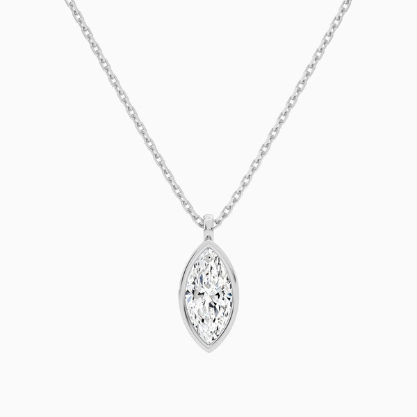 Bezel Solitaire Marquise Lab Grown Diamond Pendant Necklace In 14K White Gold - Lucenjuri