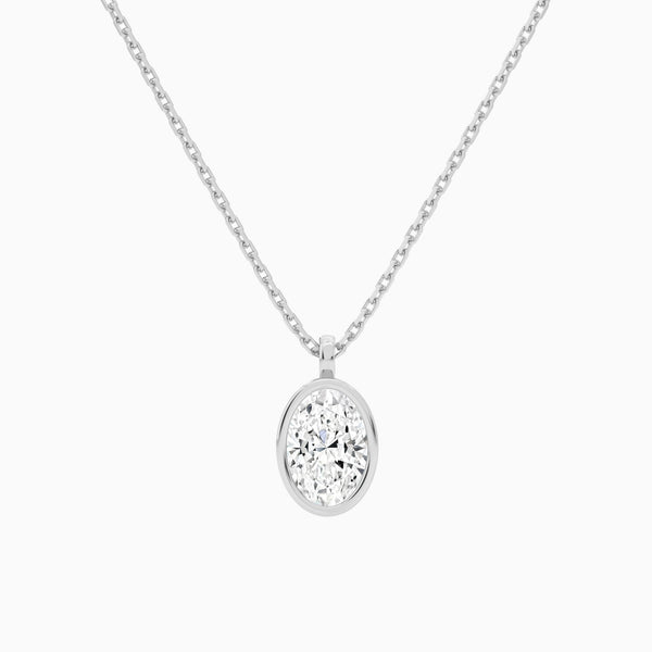 Bezel Solitaire Oval Lab Grown Diamond Pendant Necklace In 14K White Gold - Lucenjuri