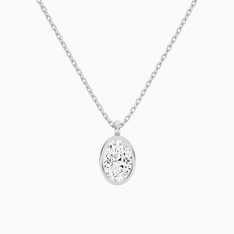 Bezel Solitaire Oval Lab Grown Diamond Pendant Necklace In 18K White Gold - Lucenjuri