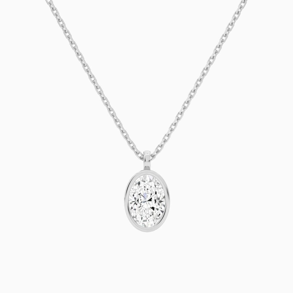 Bezel Solitaire Oval Lab Grown Diamond Pendant Necklace In 18K White Gold - Lucenjuri