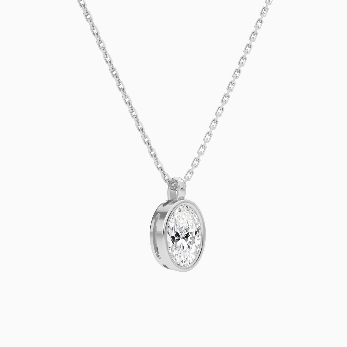 Bezel Solitaire Oval Lab Grown Diamond Pendant Necklace In 18K White Gold - Front Angle View
