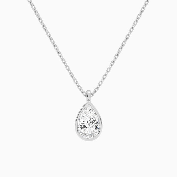 Bezel Solitaire Pear Lab Grown Diamond Pendant Necklace In 14K White Gold - Lucenjuri