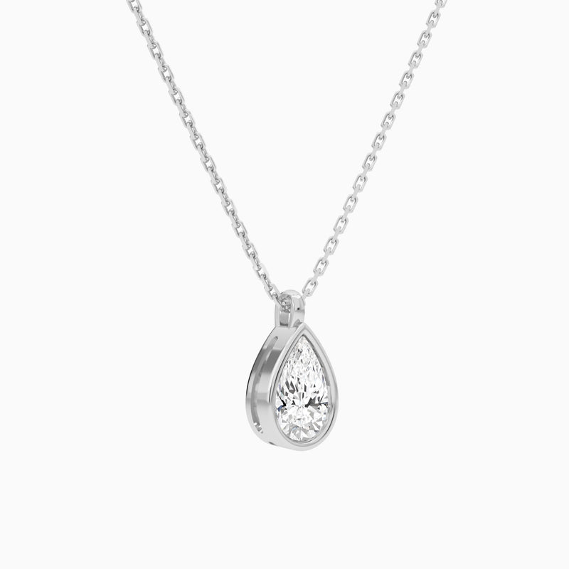 Bezel Solitaire Pear Lab Grown Diamond Pendant Necklace In 18K White Gold - Front Angle View