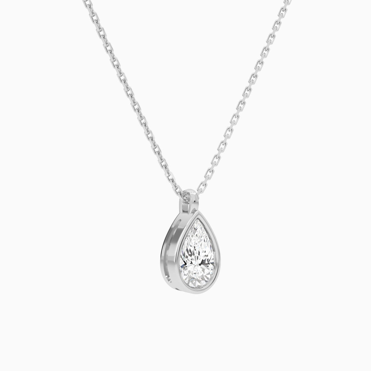 Bezel Solitaire Pear Lab Grown Diamond Pendant Necklace In 18K White Gold - Front Angle View