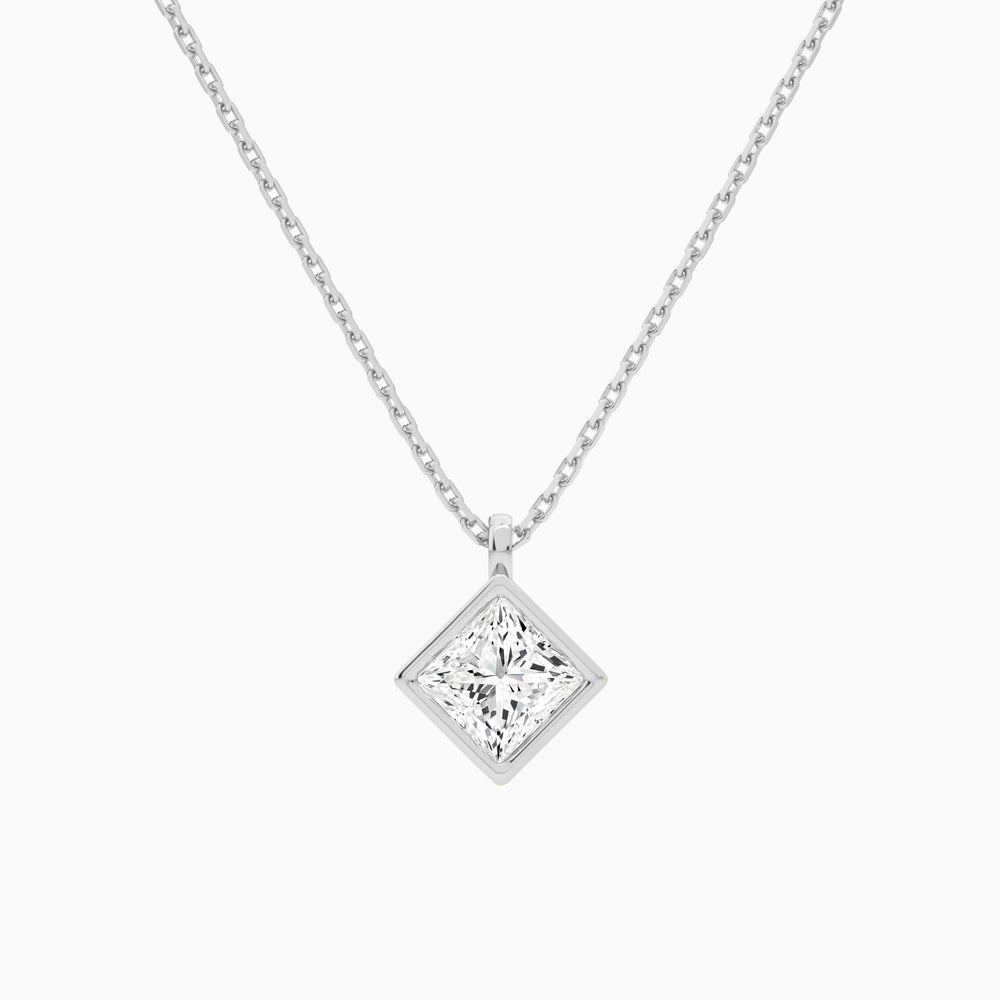 Bezel Solitaire Princess Lab Grown Diamond Pendant Necklace In 14K White Gold - Lucenjuri