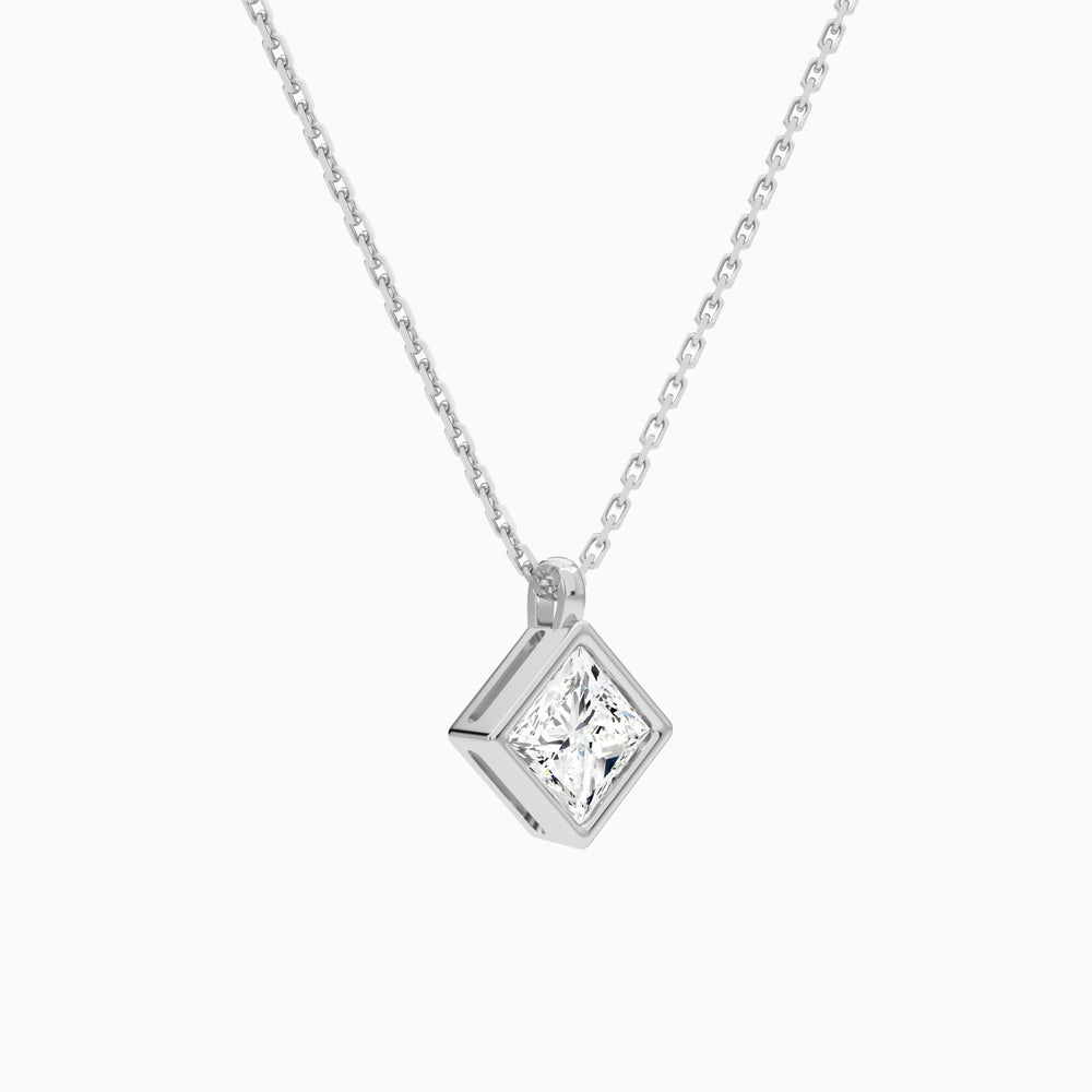Bezel Solitaire Princess Lab Grown Diamond Pendant Necklace In 14K White Gold - Front Angle View