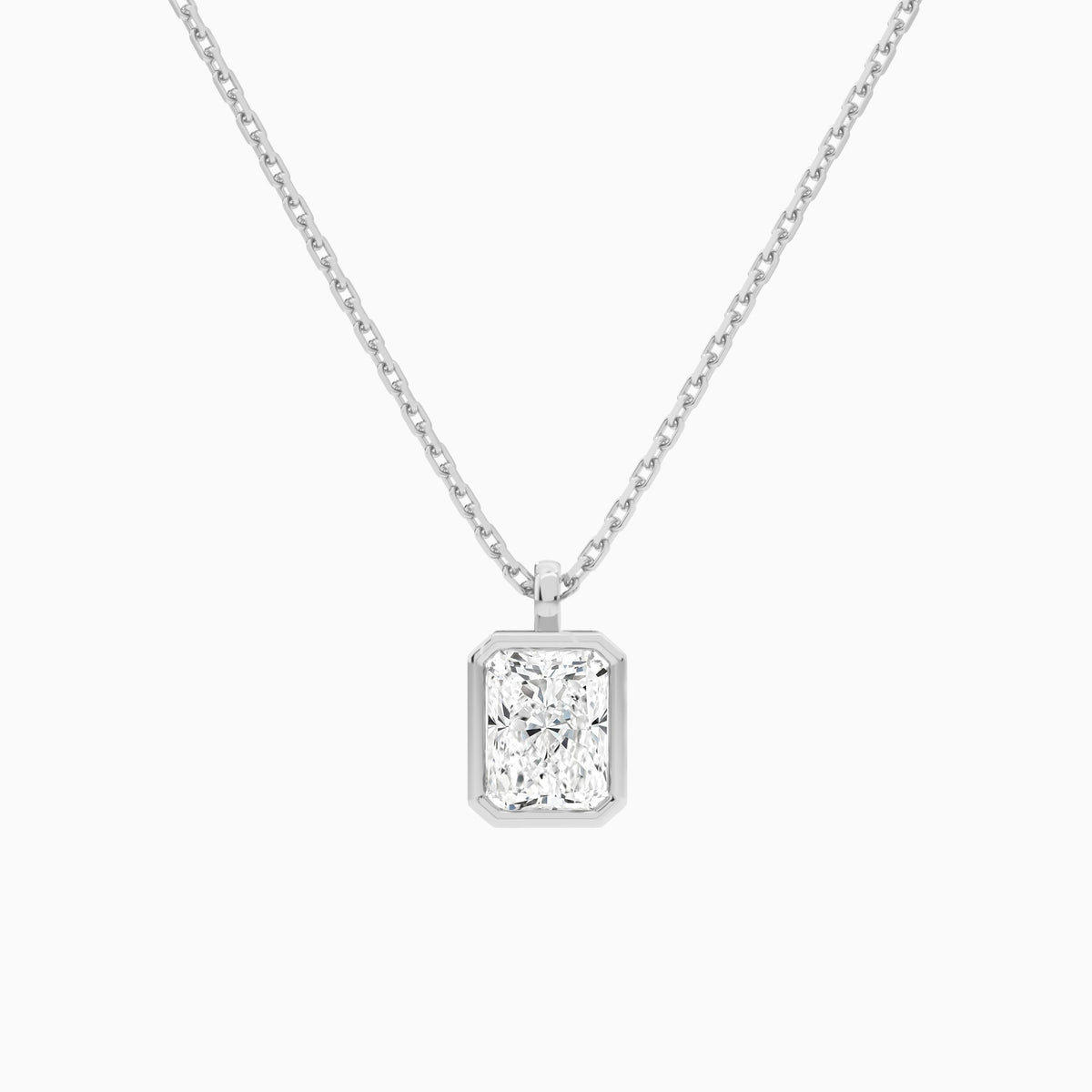 Bezel Solitaire Radiant Lab Grown Diamond Pendant Necklace In 18K White Gold - Lucenjuri