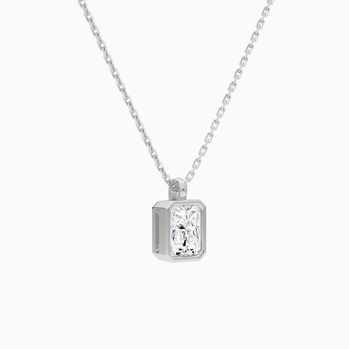 Bezel Solitaire Radiant Lab Grown Diamond Pendant Necklace In 18K White Gold - Front Angle View