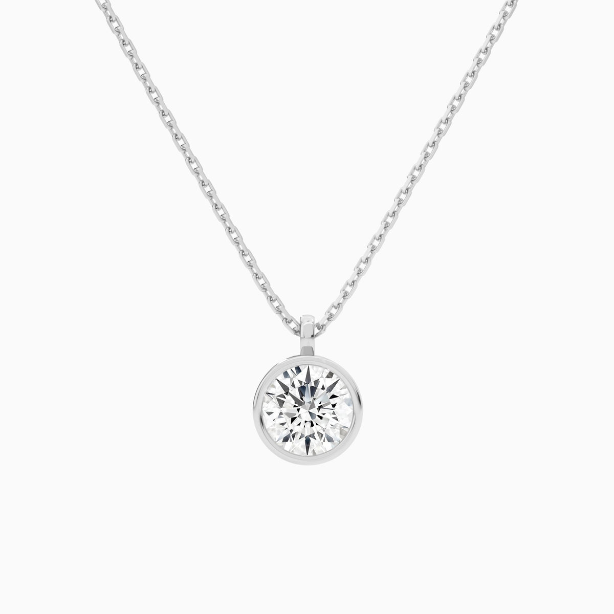 Bezel Solitaire Round Lab Grown Diamond Pendant Necklace In 18K White Gold - Lucenjuri