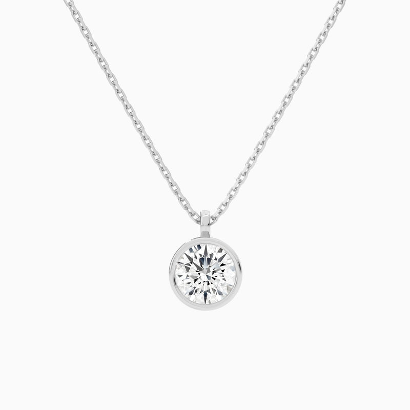 Bezel Solitaire Round Lab Grown Diamond Pendant Necklace In 14K White Gold - Lucenjuri