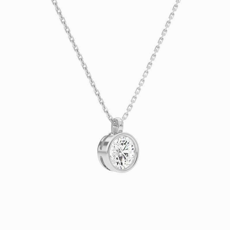 Bezel Solitaire Round Lab Grown Diamond Pendant Necklace In 14K White Gold - Front Angle View