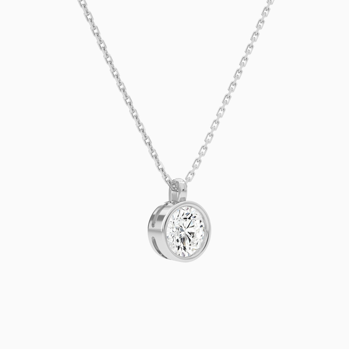 Bezel Solitaire Round Lab Grown Diamond Pendant Necklace In 18K White Gold - Front Angle View