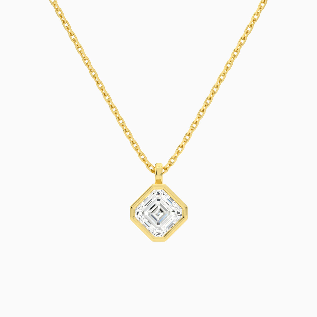 Bezel Solitaire Asscher Lab Grown Diamond Pendant Necklace In 18K Yellow Gold - Lucenjuri