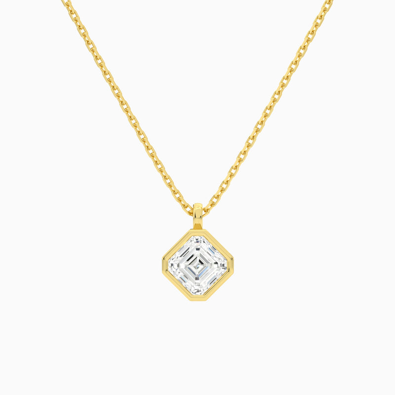 Bezel Solitaire Asscher Lab Grown Diamond Pendant Necklace In 14K Yellow Gold - Lucenjuri