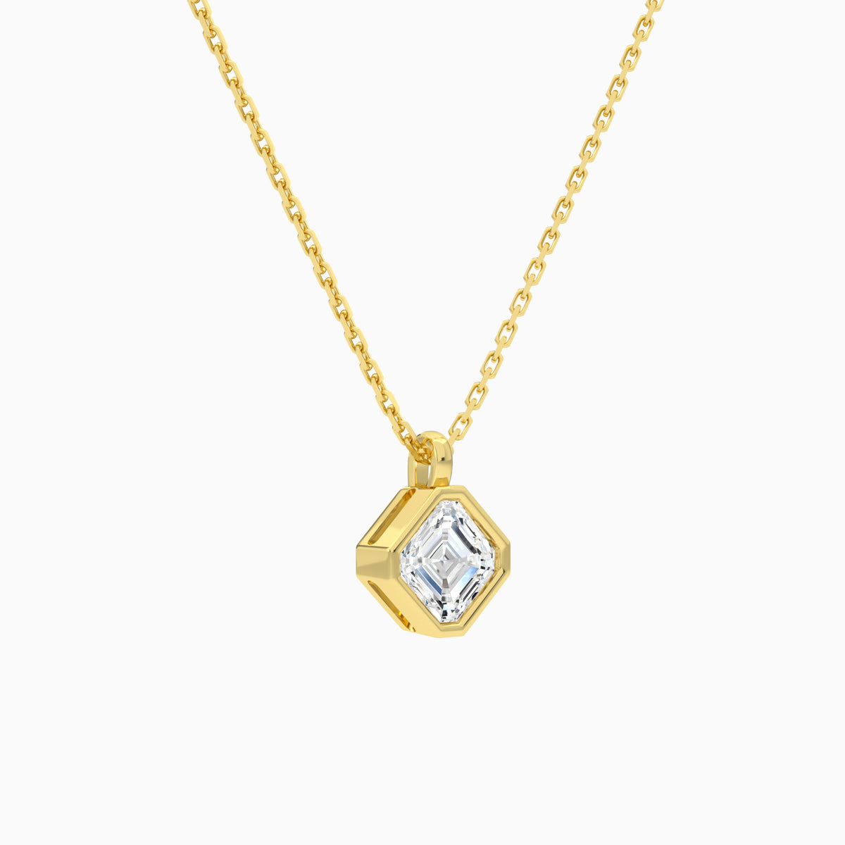 Bezel Solitaire Asscher Lab Grown Diamond Pendant Necklace In 18K Yellow Gold - Front Angle View