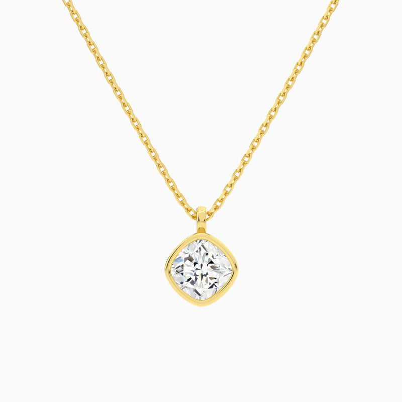 Bezel Solitaire Cushion Lab Grown Diamond Pendant Necklace In 18K Yellow Gold - Lucenjuri
