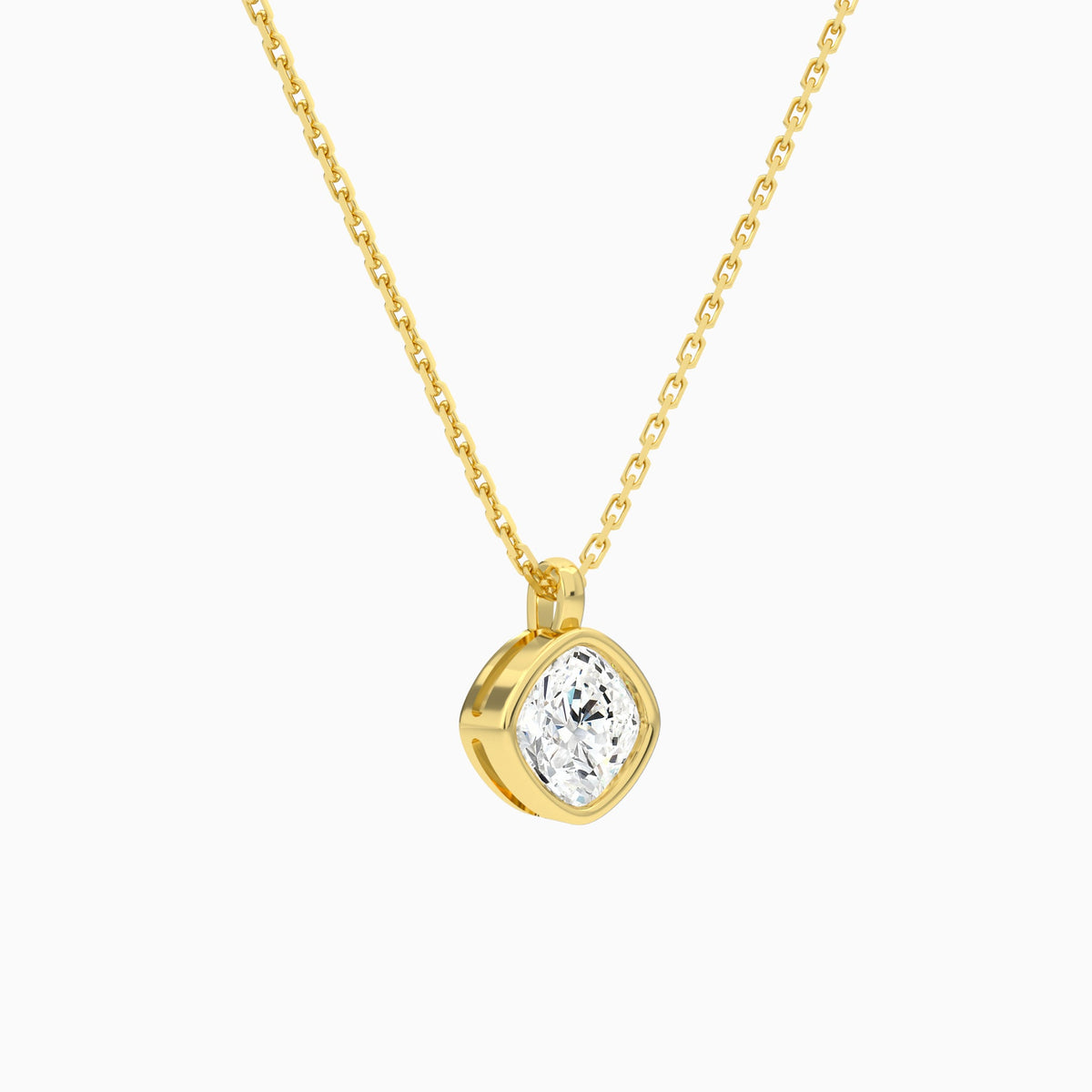 Bezel Solitaire Cushion Lab Grown Diamond Pendant Necklace In 18K Yellow Gold - Front Angle View