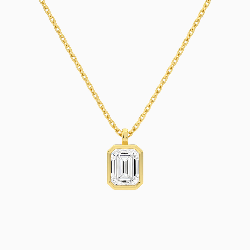 Bezel Solitaire Emerald Lab Grown Diamond Pendant Necklace In 14K Yellow Gold - Lucenjuri