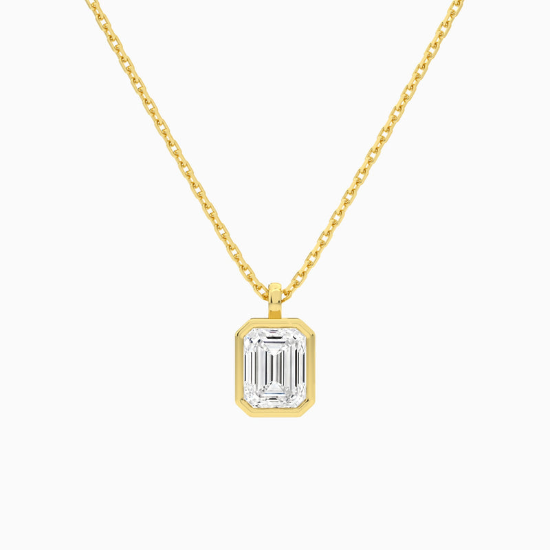 Bezel Solitaire Emerald Lab Grown Diamond Pendant Necklace In 18K Yellow Gold - Lucenjuri