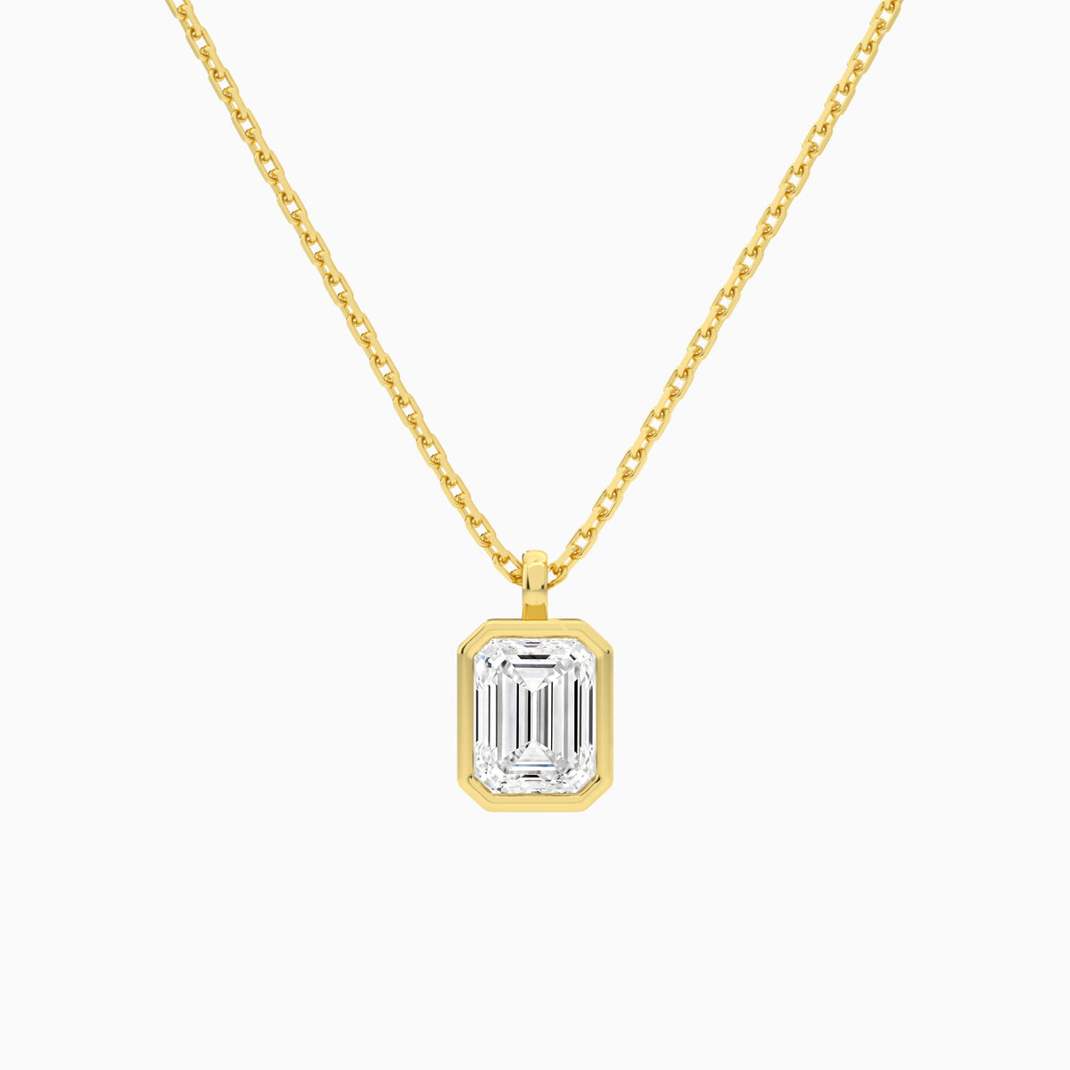 Bezel Solitaire Emerald Lab Grown Diamond Pendant Necklace In 18K Yellow Gold - Lucenjuri