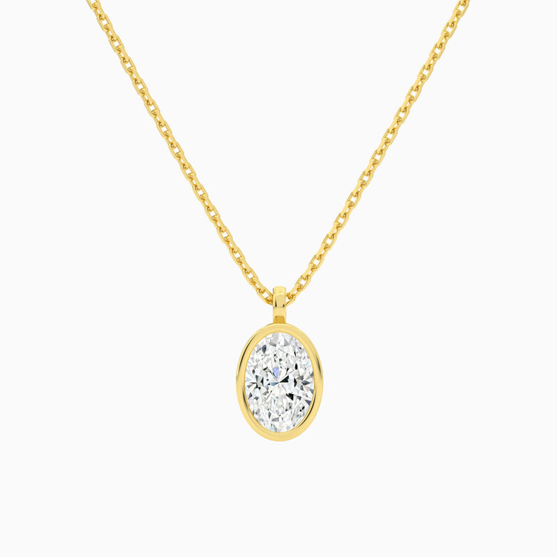 Bezel Solitaire Oval Lab Grown Diamond Pendant Necklace In 14K Yellow Gold - Lucenjuri