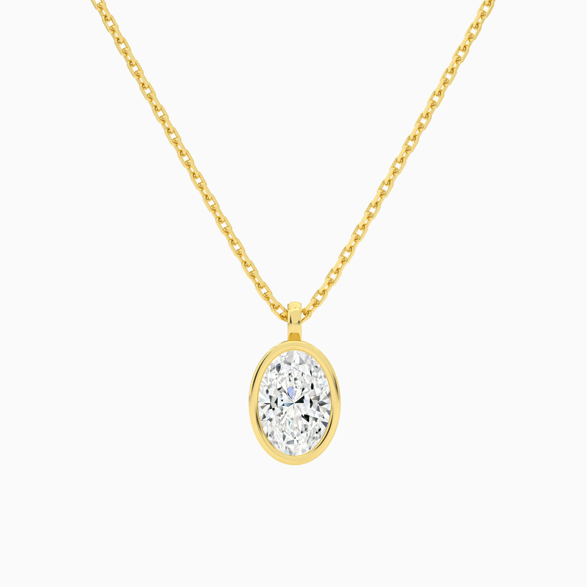 Bezel Solitaire Oval Lab Grown Diamond Pendant Necklace In 18K Yellow Gold - Lucenjuri