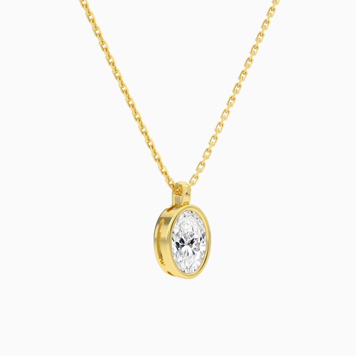 Bezel Solitaire Oval Lab Grown Diamond Pendant Necklace In 18K Yellow Gold - Front Angle View