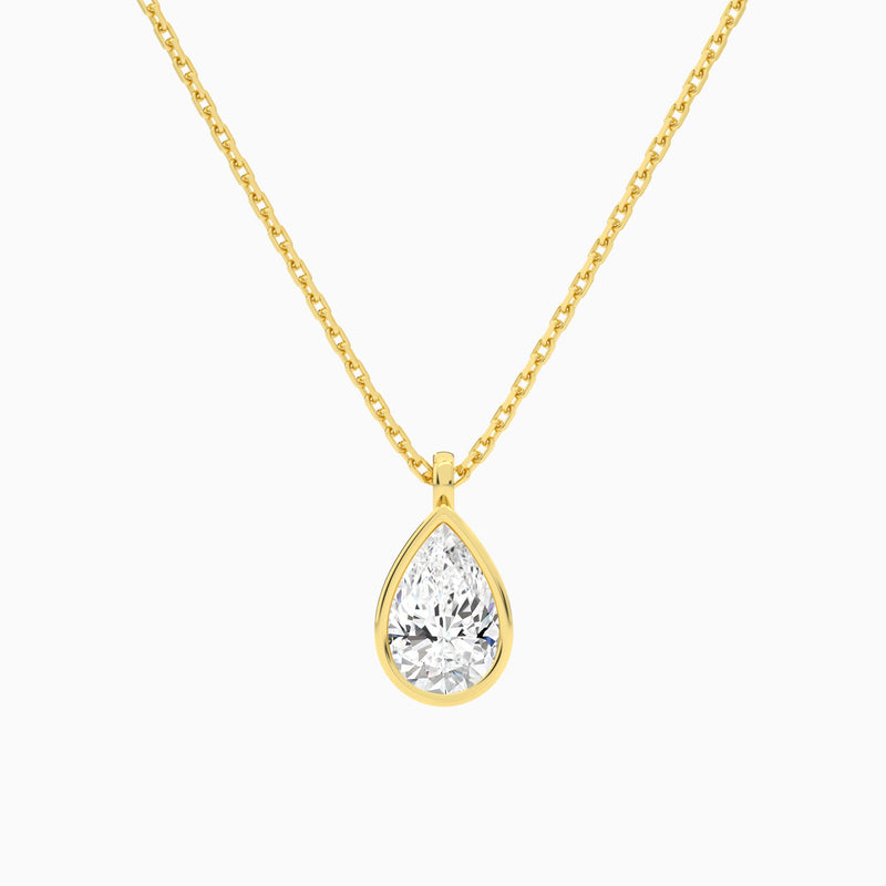 Bezel Solitaire Pear Lab Grown Diamond Pendant Necklace In 18K Yellow Gold - Lucenjuri