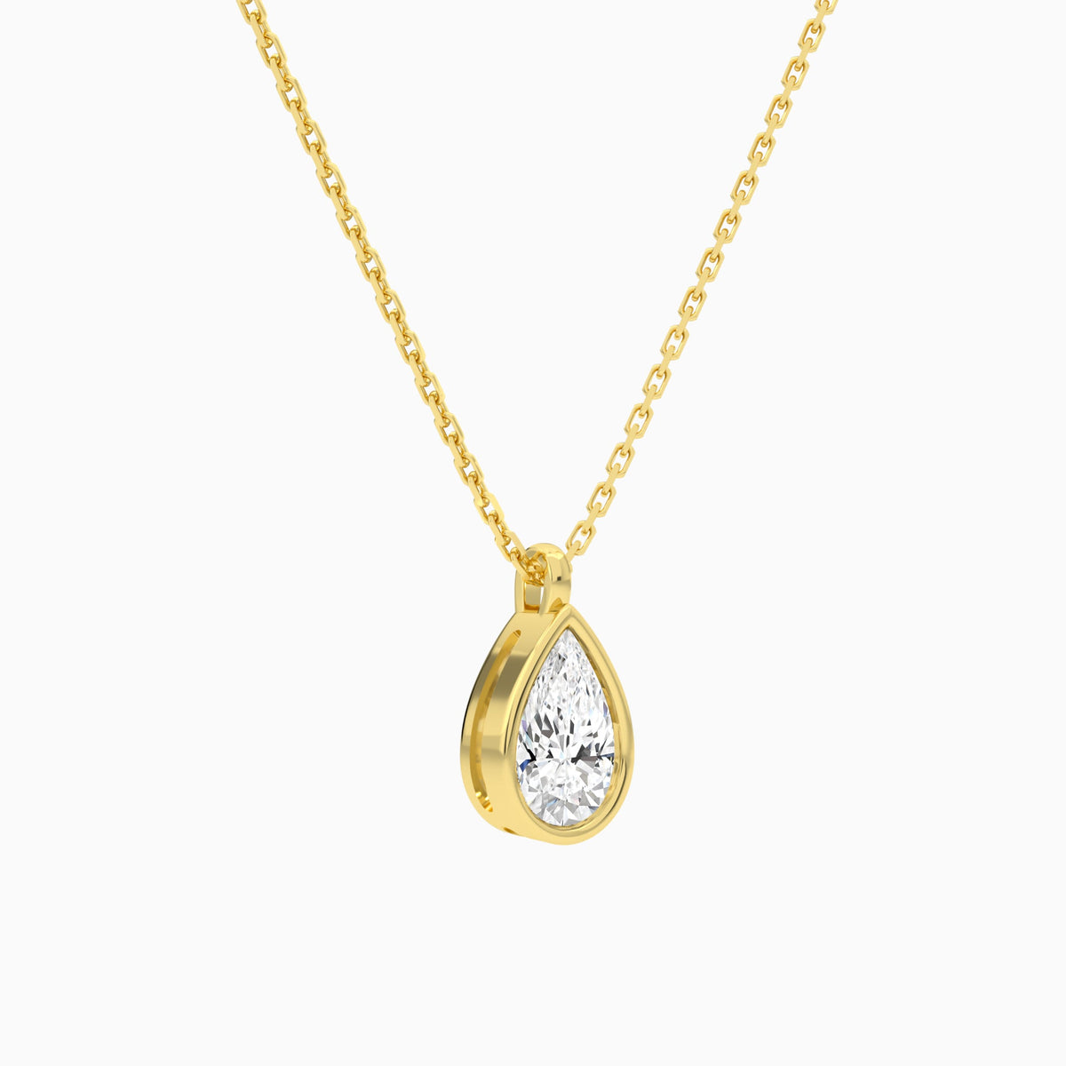 Bezel Solitaire Pear Lab Grown Diamond Pendant Necklace In 14K Yellow Gold - Front Angle View