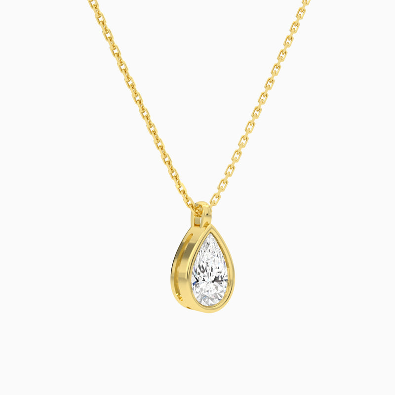 Bezel Solitaire Pear Lab Grown Diamond Pendant Necklace In 18K Yellow Gold - Front Angle View