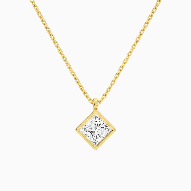 Bezel Solitaire Princess Lab Grown Diamond Pendant Necklace In 18K Yellow Gold - Lucenjuri