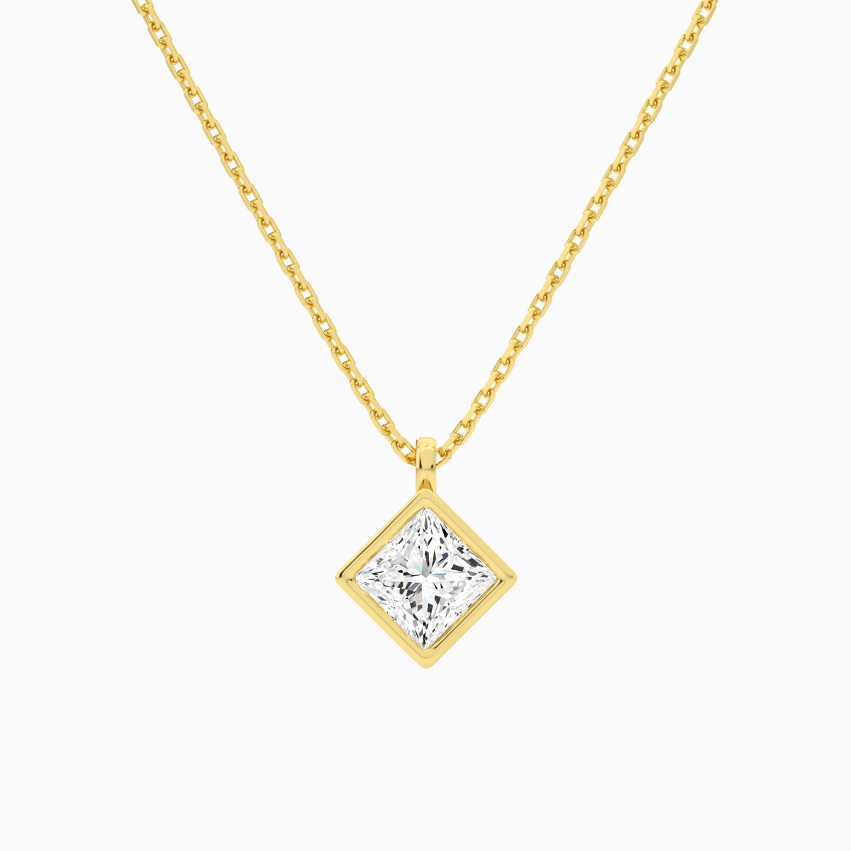 Bezel Solitaire Princess Lab Grown Diamond Pendant Necklace In 14K Yellow Gold - Lucenjuri
