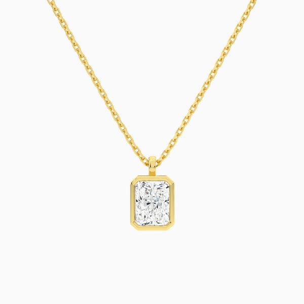 Bezel Solitaire Radiant Lab Grown Diamond Pendant Necklace In 14K Yellow Gold - Lucenjuri