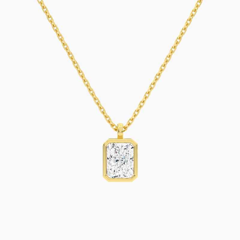 Bezel Solitaire Radiant Lab Grown Diamond Pendant Necklace In 18K Yellow Gold - Lucenjuri