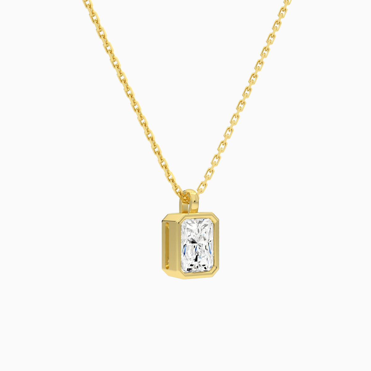 Bezel Solitaire Radiant Lab Grown Diamond Pendant Necklace In 18K Yellow Gold - Front Angle View