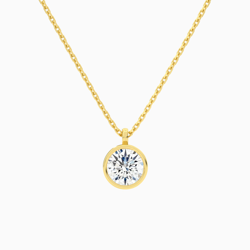 Bezel Solitaire Round Lab Grown Diamond Pendant Necklace In 14K Yellow Gold - Lucenjuri
