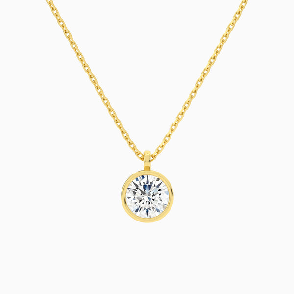 Bezel Solitaire Round Lab Grown Diamond Pendant Necklace In 14K Yellow Gold - Lucenjuri