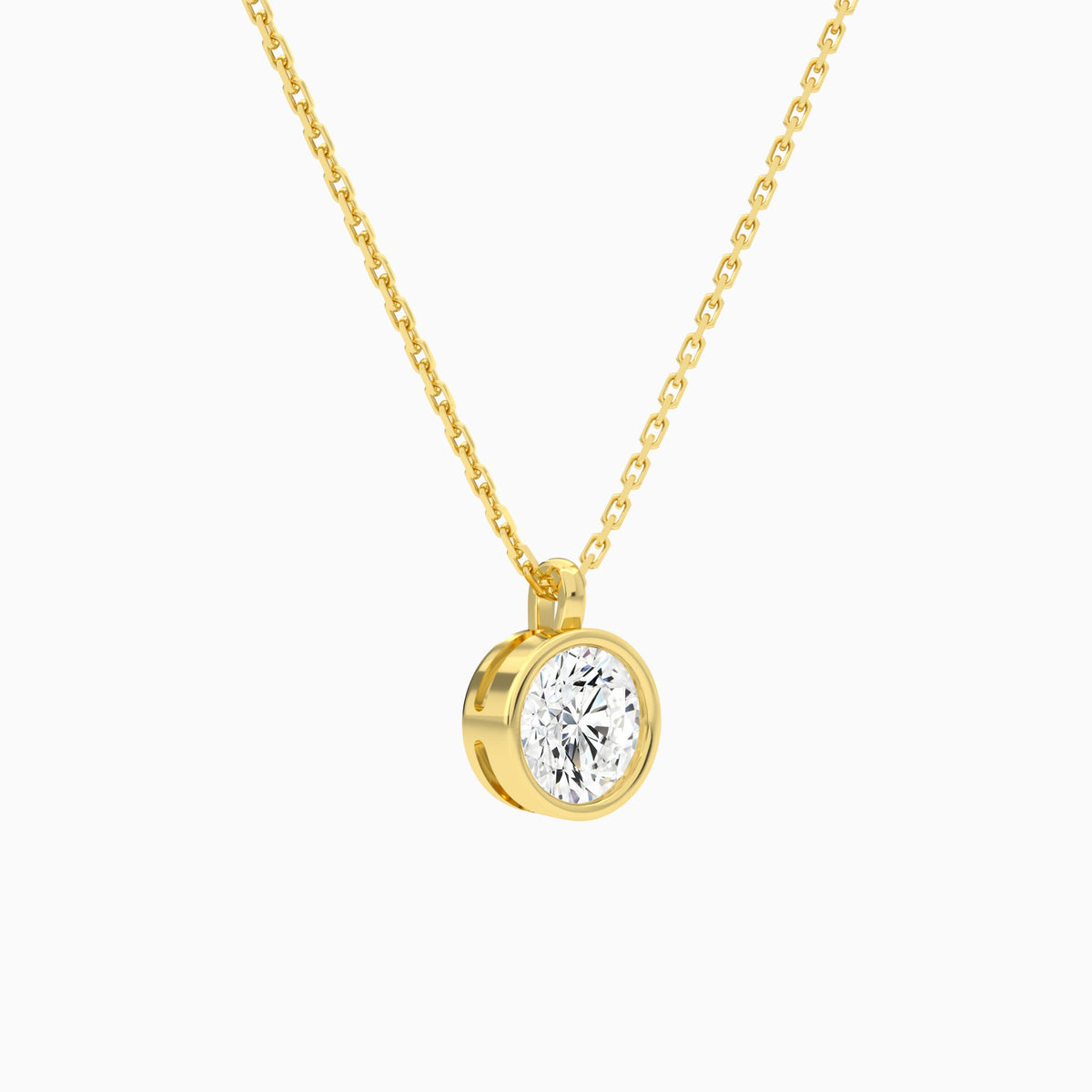 Bezel Solitaire Round Lab Grown Diamond Pendant Necklace In 14K Yellow Gold - Front Angle View