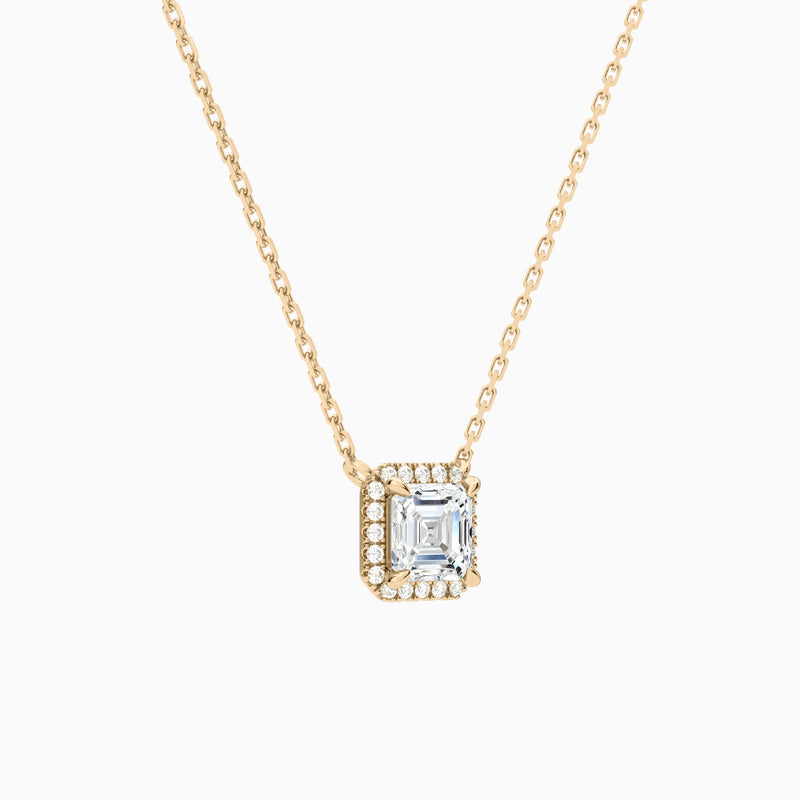 Asscher Halo Lab Grown Diamond Necklace In 14K Rose Gold - Front Angle View