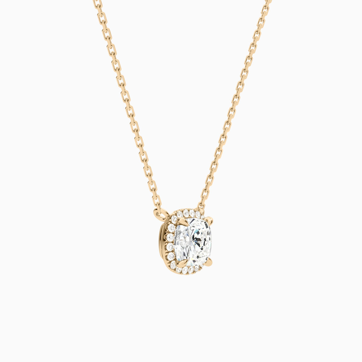 Cushion Halo Lab Grown Diamond Necklace In 14K Rose Gold - Front Angle View
