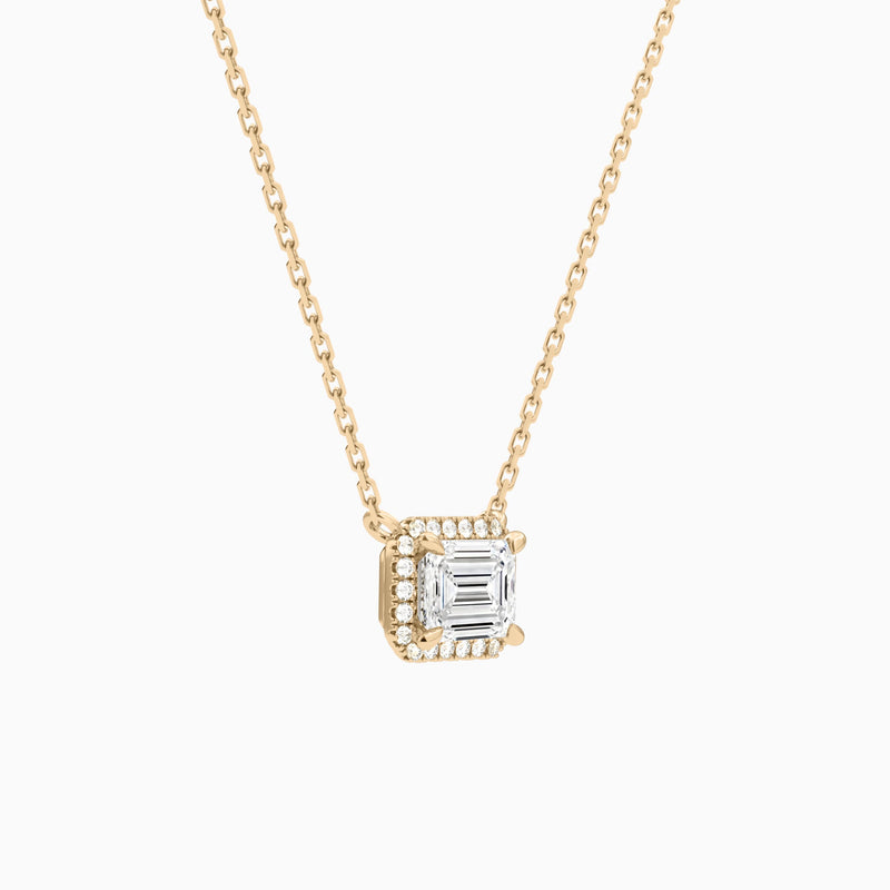 Emerald Halo Lab Grown Diamond Necklace In 14K Rose Gold - Front Angle View