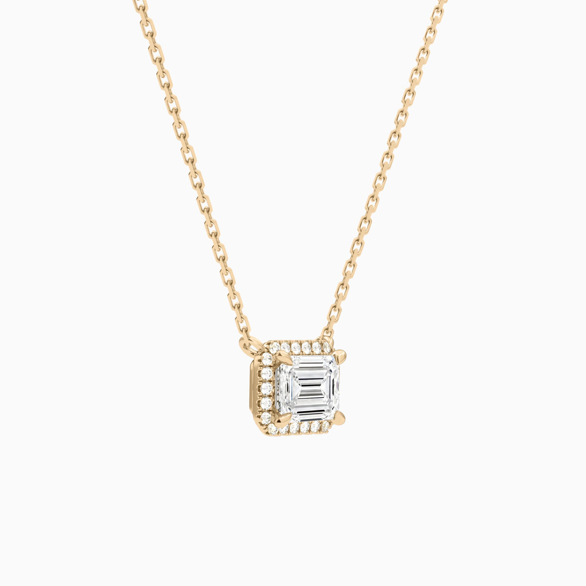 Emerald Halo Lab Grown Diamond Necklace In 14K Rose Gold - Front Angle View