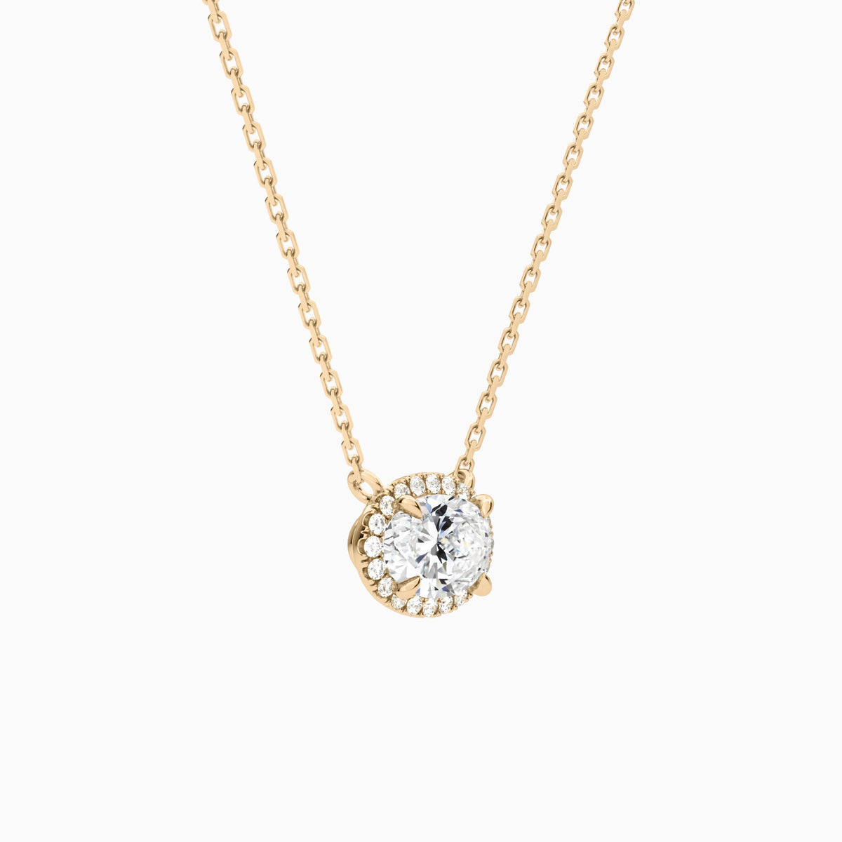 Oval Halo Lab Grown Diamond Necklace In 14K Rose Gold - Front Angle View
