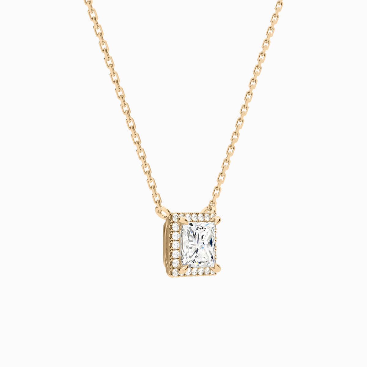 Princess Halo Lab Grown Diamond Necklace In 14K Rose Gold - Front Angle View