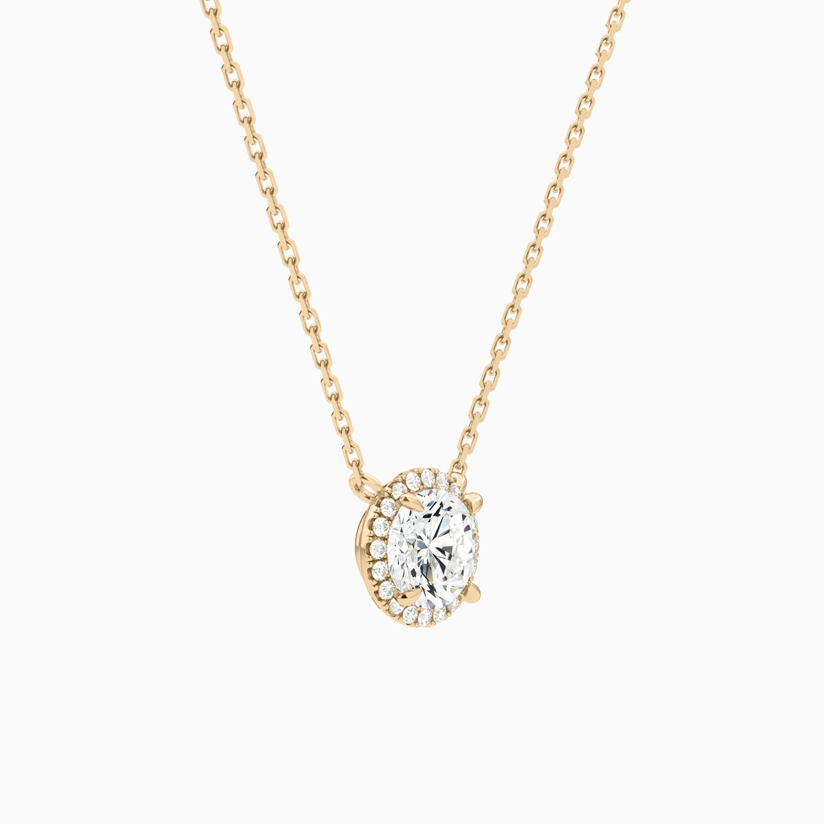 Round Halo Lab Grown Diamond Necklace In 14K Rose Gold - Front Angle View