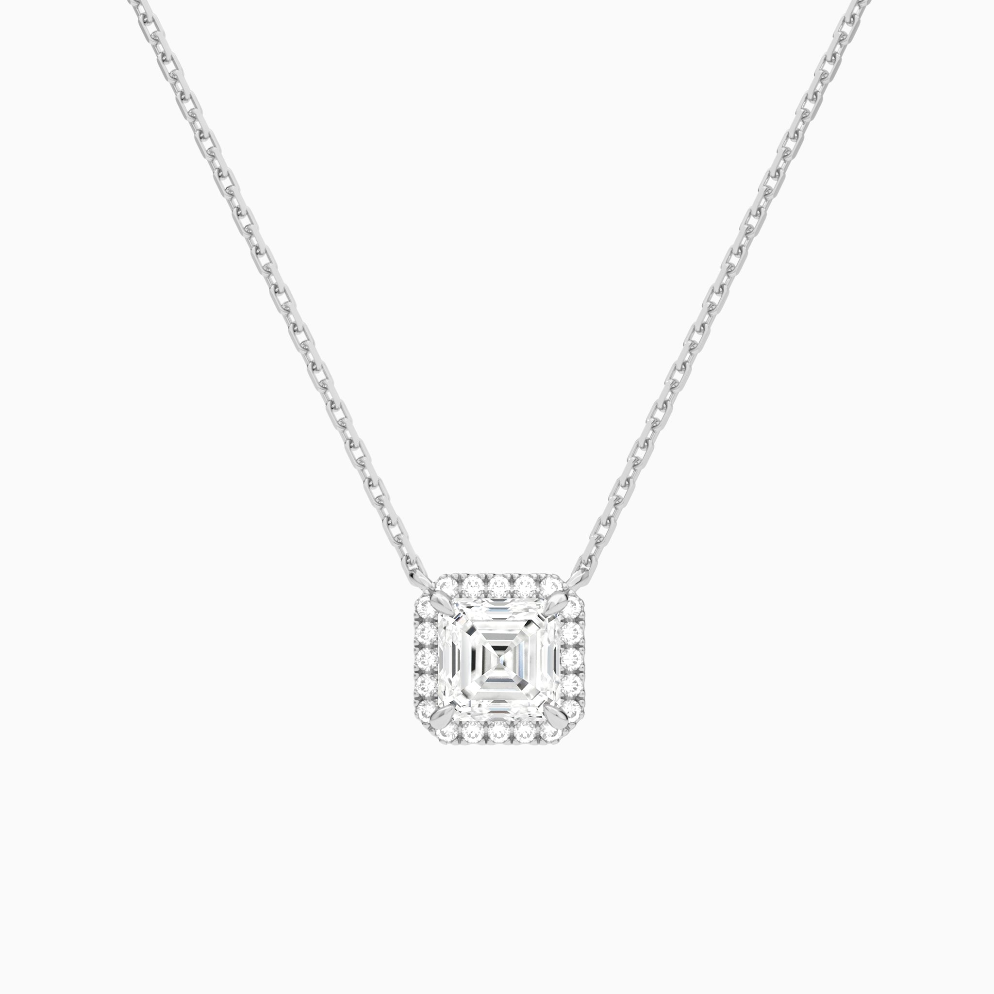 Asscher Halo Lab Grown Diamond Necklace In 14K White Gold - Lucenjuri